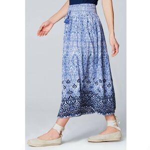 J. Jill Boye White Boho Smocked Midi Skirt Tassel Drawstring Tie